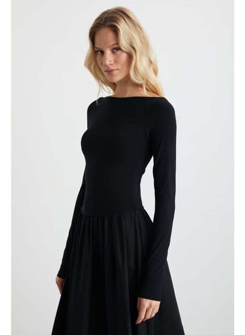 GRIMELANGE PANI Women Maxi Length Skirt Part Woven Poplin Flared Skirt Upper Part Flexible Stylish Black Dress - Image 2